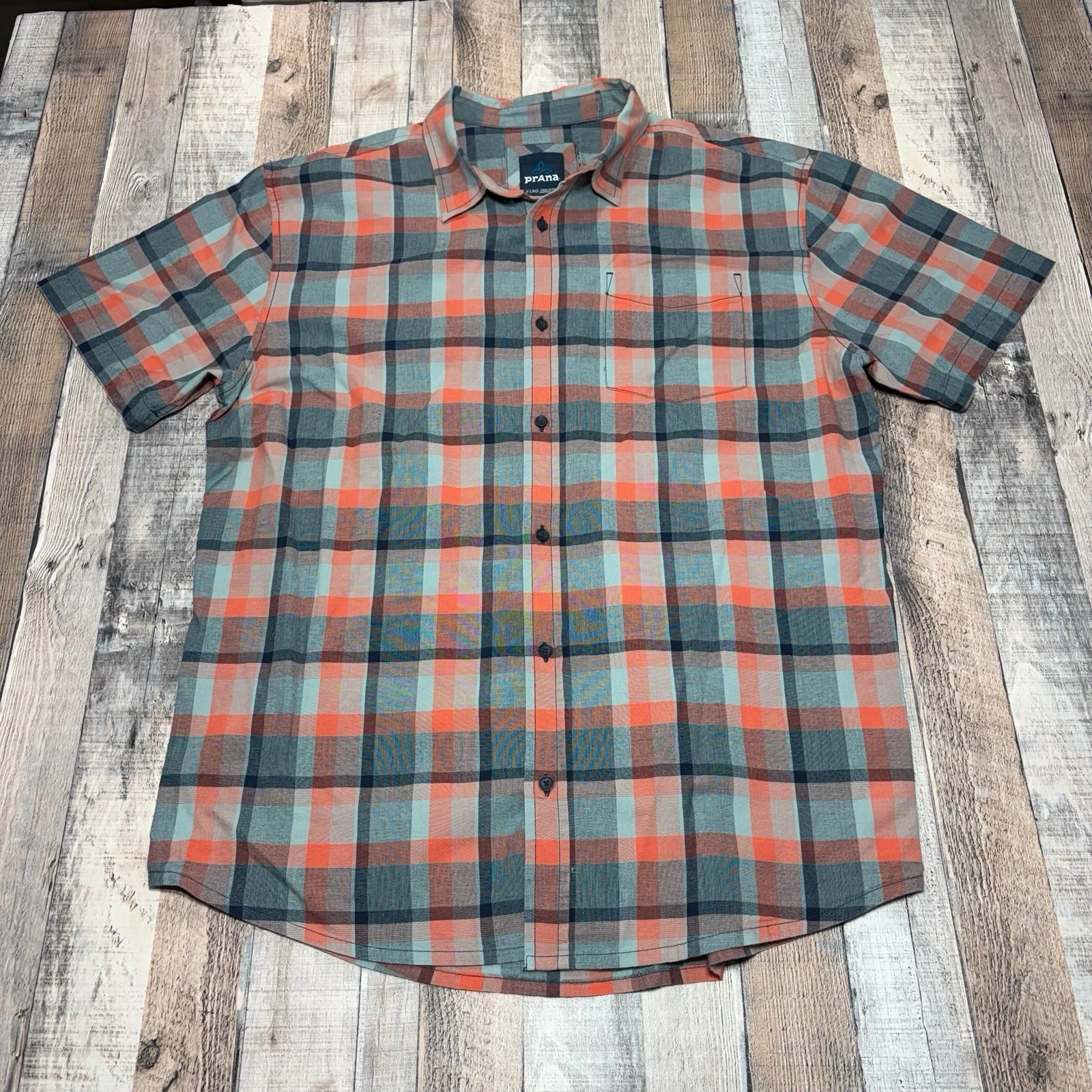 Prana Button Up Shirt Mens XL Gray Orange Plaid Short Sleeve Outdoor Hiking
