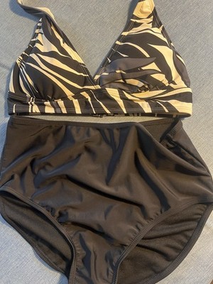 NWOT Anne Cole Sz M Two Piece Zebra Top High Waisted Black Bottom