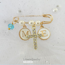Something Blue Bridal Bouquet Pin, Wedding Brooch Catholic Couples Initials
