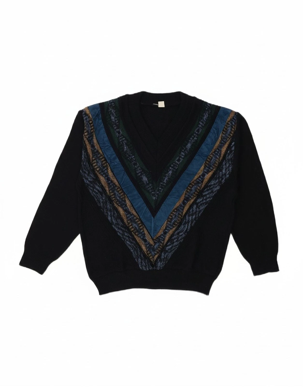 VINTAGE Mens V-Neck Jumper Sweater IT 48 Medium Navy Blue Chevron DY27