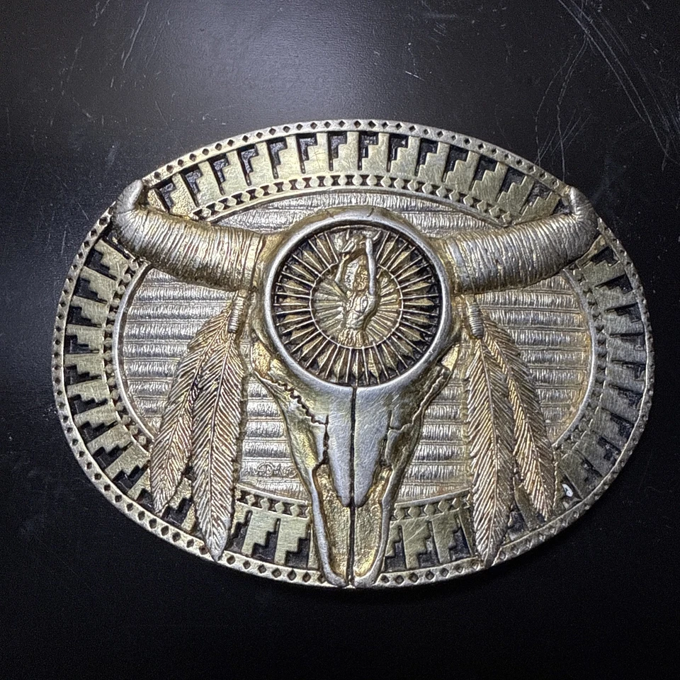 Hebilla de cinturón de latón occidental calavera de búfalo nativo americano suroeste vaquero rodeo Foto 2 de 4