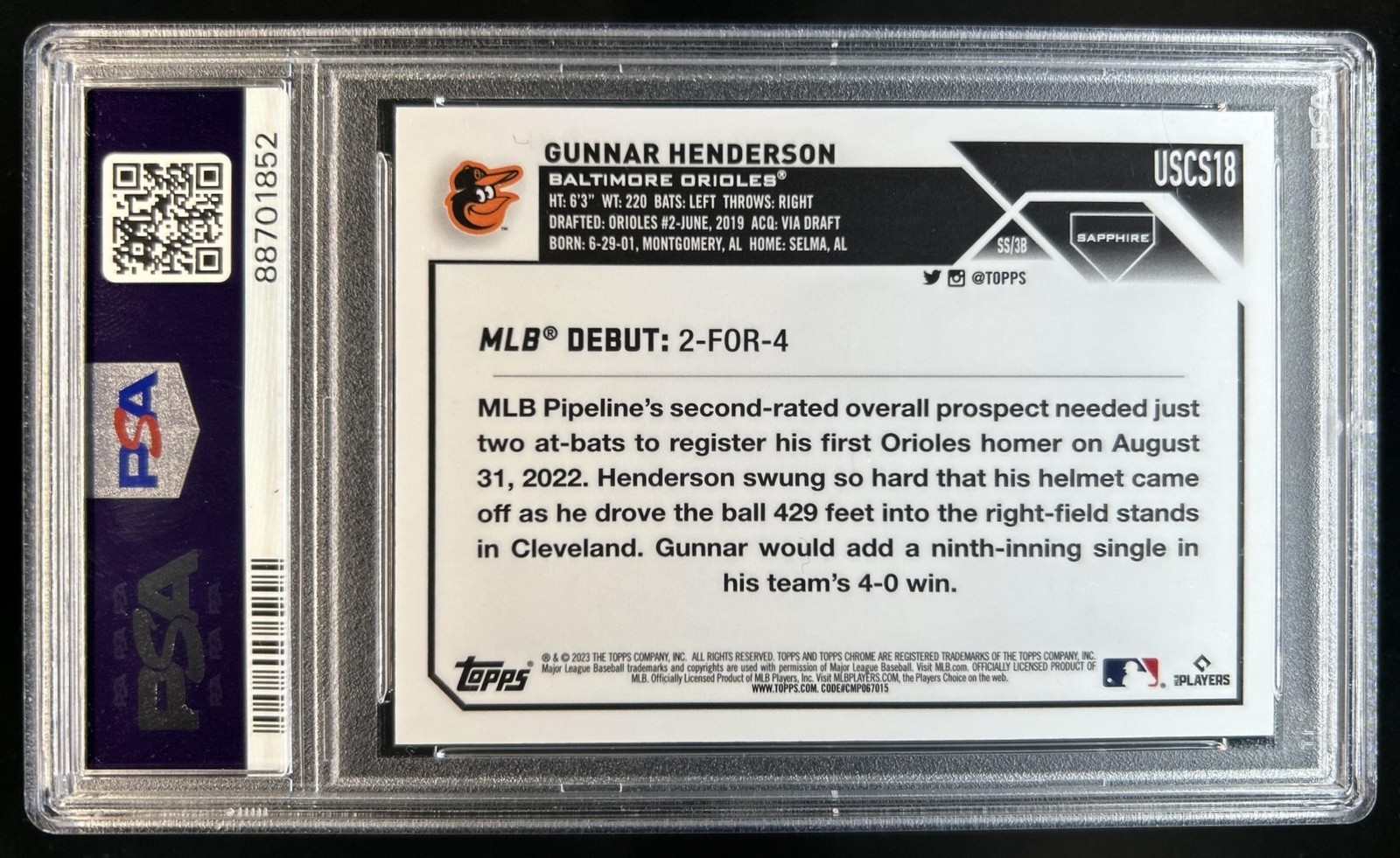 2023 Topps Chrome Update Sapphire Gunnar Henderson RC Orange #/25 PSA 10 view 2