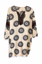 Boho Tunic Top Women XL Cream Black Medallion Print Embroidered 3/4 Sleeve