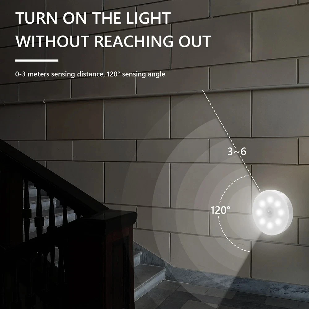 Sensor de Movimiento Inalámbrico Luz Nocturna USB Recargable LED Armario Pared