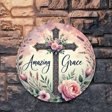 8x8 Inch Round Aluminum Wall Art - Amazing Grace Cross with Floral Wreath Design