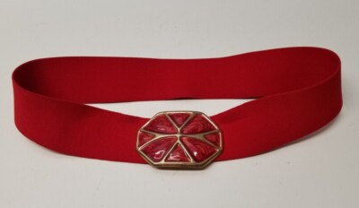 Vintage 1980's RED Day-Lor Belt Gold & Red Buckle Elastic Stretch 2'' Wide 28''