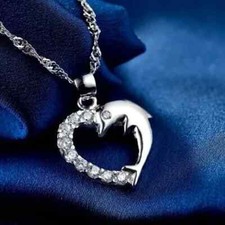 2 Ct Round Cut Simulated Diamond Heart Dolphin Pendant 14k White Gold Plated