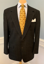 Bill Blass Blazer Mens 44L Wool Windowpane Plaid USA Made Jacket Sportcoat