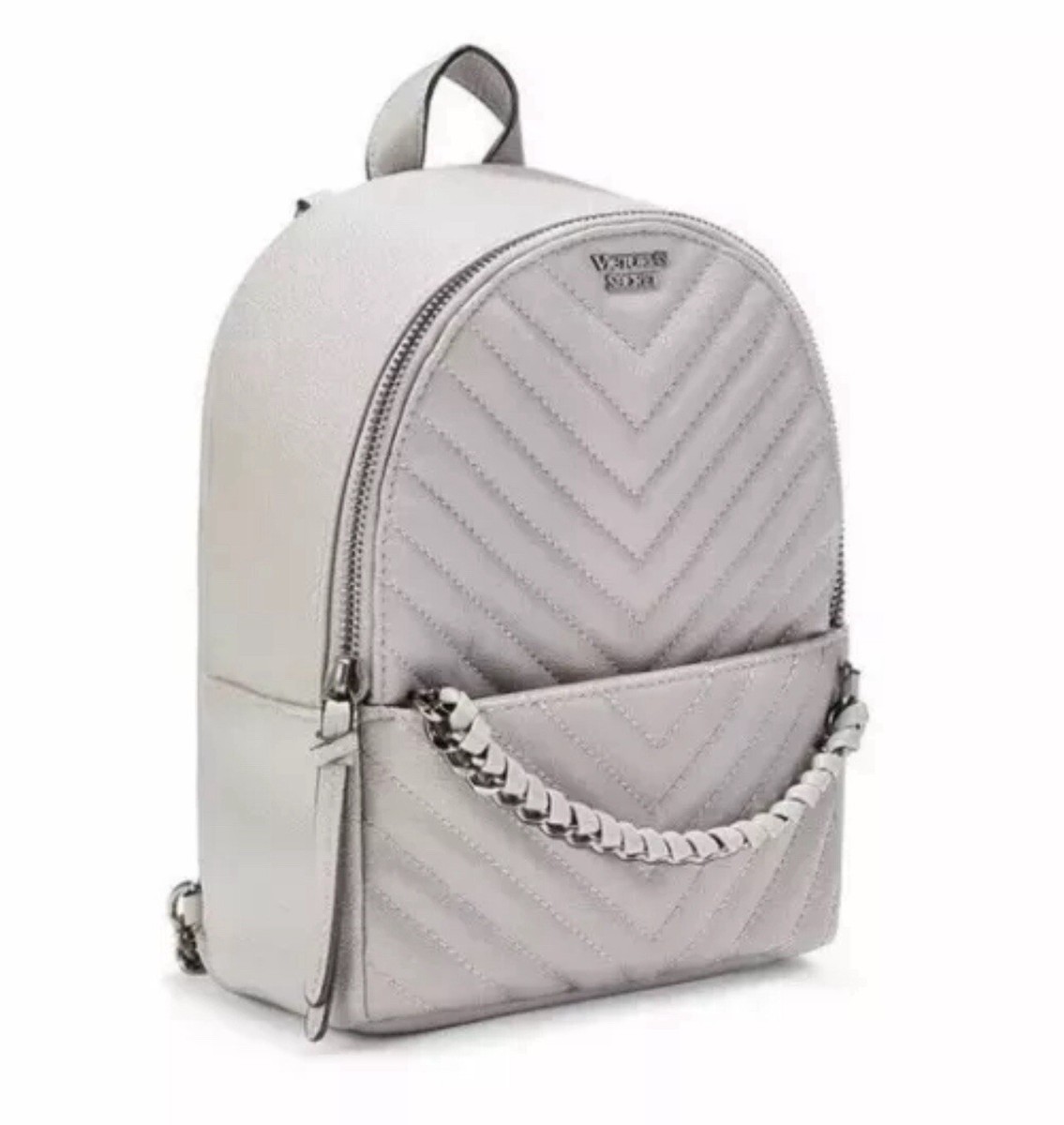 Victoria\'s Secret Quilted Light Gray Mini Backpack with Chain Detail Victoria main image 3