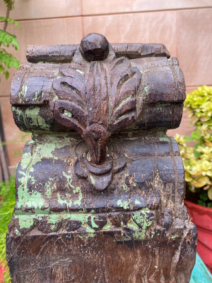 Antiguo soporte de madera tallado a mano con patrón floral marrón con soporte Foto 3 de 4