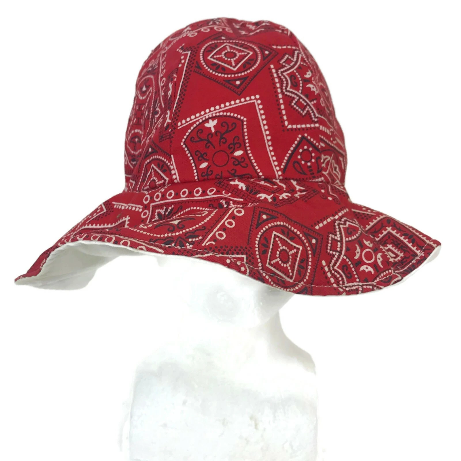 Vintage 1970s Red Bandana Bucket Hat Summer Beach Bum Skater Boho Sun Cap
