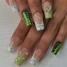 Aurora Green French False Nail Medium Square Press on Nails for Nail Art 24pcs