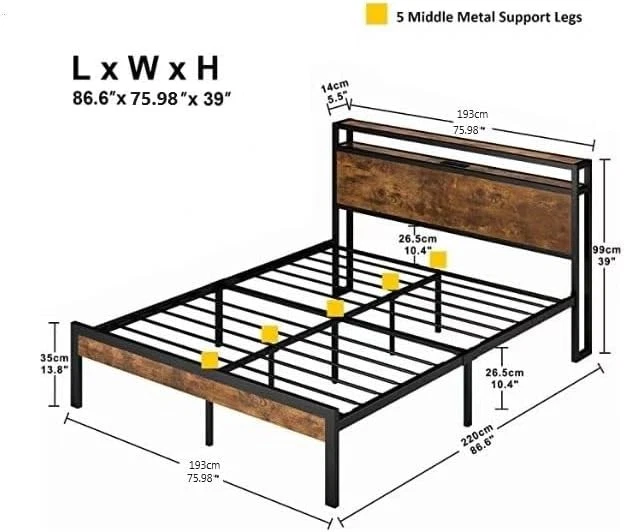 Marco de cama con plataforma de metal tamaño king con cabecero de almacenamiento/estación de carga USB Foto 2 de 4