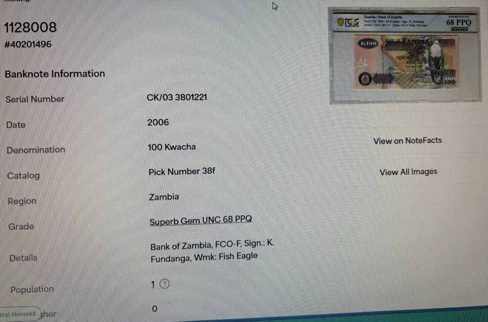 Zambia, 100 Kwacha, 2006, P-38f Excelente Gema Unc Eagle Top Pop ¡Nota! Foto 2 de 3