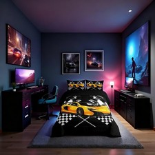 Yellow Race Car Bedding Set Twin Size,Black and White Grid Duvet Insert with ...