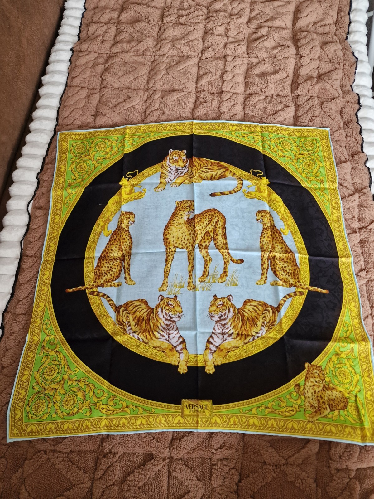 Authentic VERSACE Silk Scarf – RareLime Green & SkyBlue Tigers &Cheetahs Jungle