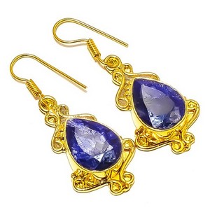 Authentic Blue Sapphire (Simulated) 18k Yellow Gold Plated Earring 1.87" E4-396