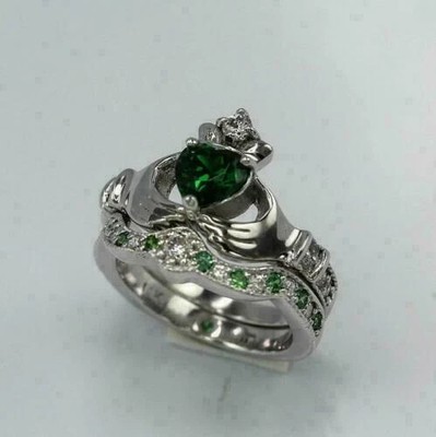 2Ct Lab Created Heart Emerald Bridal Set Engagement Ring 14K White Gold Over