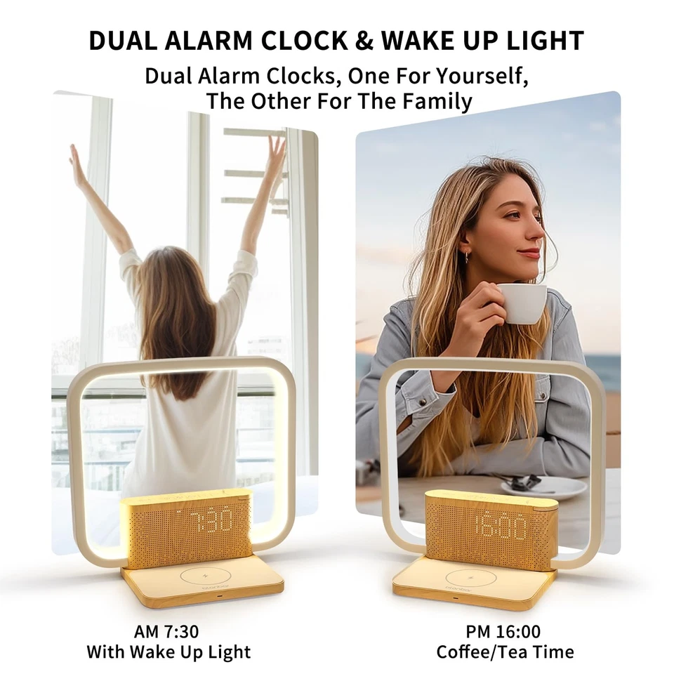 Sunrise Alarm Clock with Wireless Charging Desk Touch Lamp 3 Level Dimmable W... - Image 3 of 4