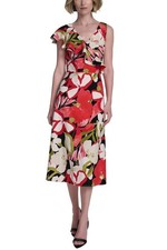 Halston Womens Printed Asymmetric Ruffled Midi Dress 6 Fire/Crean Floral - NWT