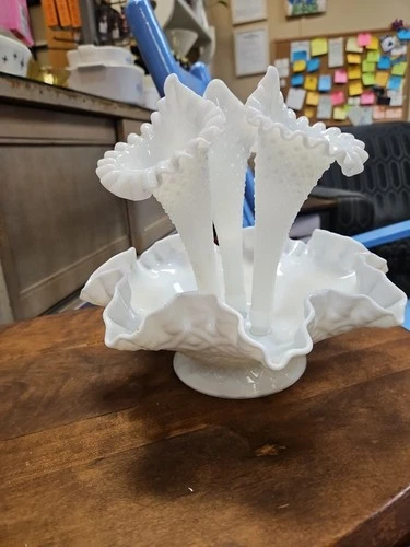 Fenton Milk Glass Hobnail  Epergne Vase Ruffled Edge