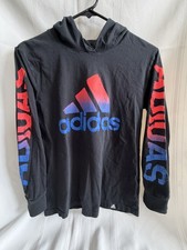 Adidas Shirt Youth M 10/12 Black Hooded Long Sleeve Three Stripe Logo Athletic