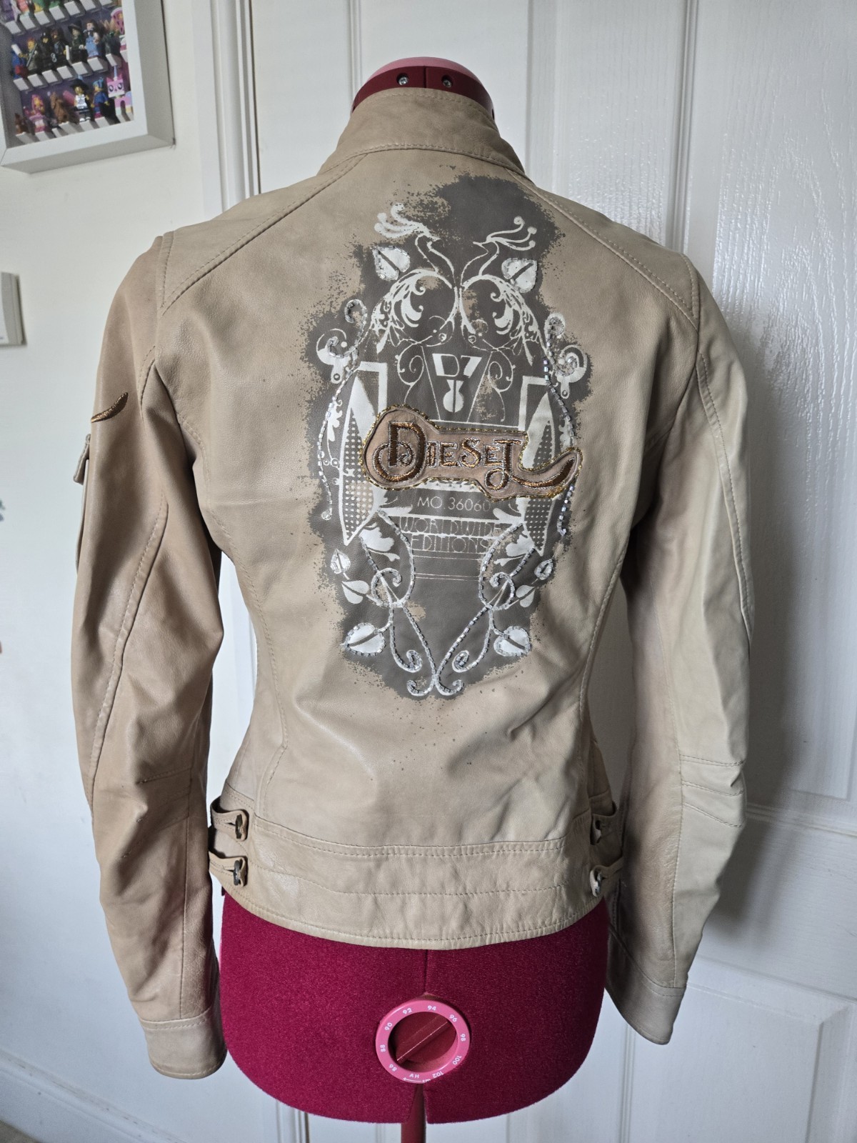 Rare Vtg DIESEL Y2K Embroidered Sheep Leather Jacket Distressed Archival fit S/M