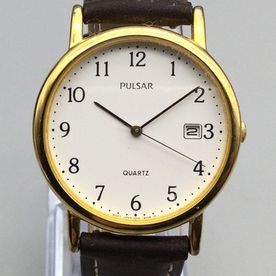 Pulsar Mens Watch 34mm White Dial Gold Tone Leather Date V532-9A00 New Battery