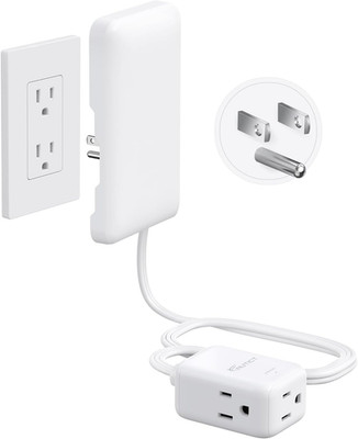3Ft Flat Extension Cord with 3 Outlets, Flat Wall Plug & Flush Outlet Cover, 900