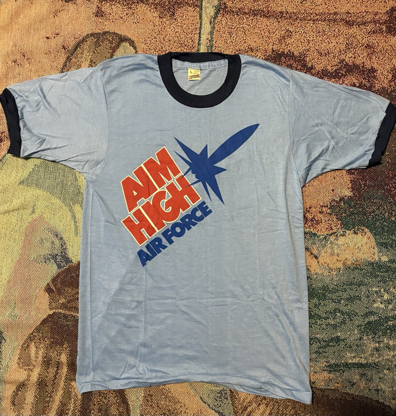 Vintage 1980s US Air Force Aim High Blue Ringer Tee Size L