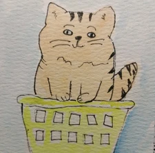 GAT Original Painting Impressionism Cat In Laundry Basket Art 3x3 Signed