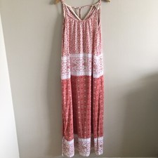 Knox Rose Peasant Boho Hippie Maxi Dress Adjustable Back Side Slits Cream Sz S
