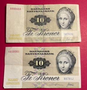 DENMARK nice pair of 1978 10 Kroner note with beautiful Kirchhof girl portrait