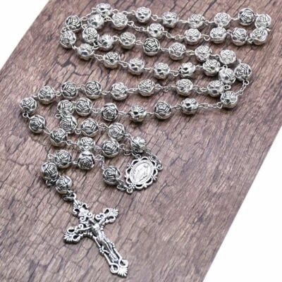 Lady Of Grace Mary Jesus Crucifix Cross Rose Flower Beads Rosary Necklace New
