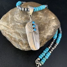 Womens Blue Turquoise Feather Pendant Navajo Sterling Silver Necklace 13820