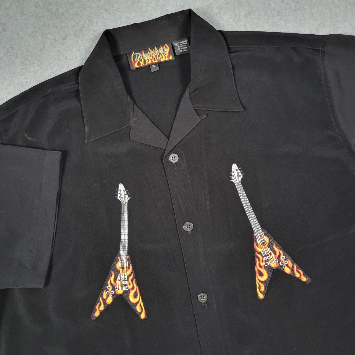 Vintage Dragonfly Shirt Men XL Black Flaming Guitars Hard Rock
