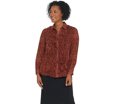  Joan Rivers Long Sleeve Paisley Print Blouse w/Ruffles-Terracotta-Plus 20 NEW