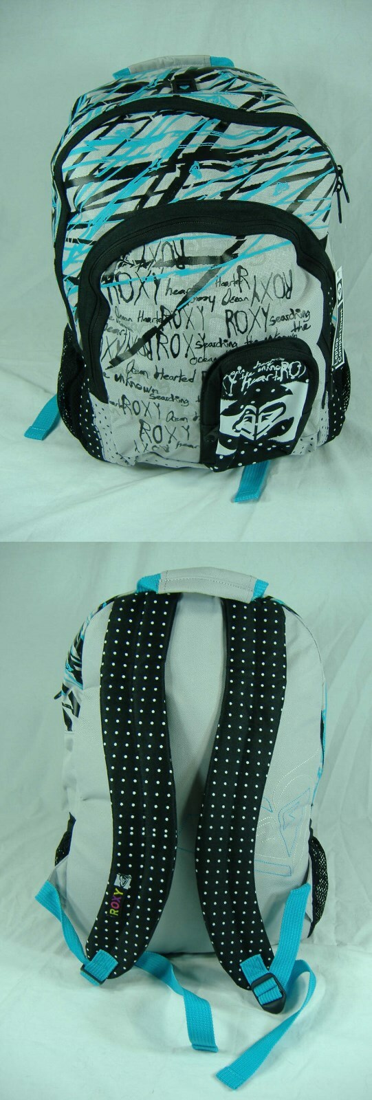 New Womens Girls ROXY Grey Baby Blue Laptop Backpack Book Bag Headphones Medium
