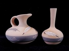 2 Retro 1984 Grey Feather Signed Pottery Bud Vases American Southwest Native