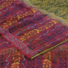 Sanskriti Vintage Saree Green-Pink Pure Crepe Floral Printed Sari 5.5 Yd Fabric