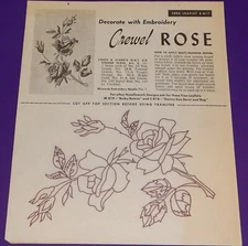 Vintage Coats & Clark Crewel Rose Transfer Pattern with Complete Instructions