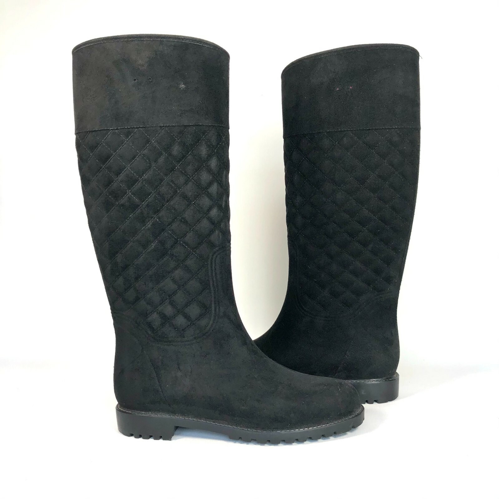 Tommy Hilfiger Babette Black Quilted Faux Suede Tall Rain Boots Women's Size 9