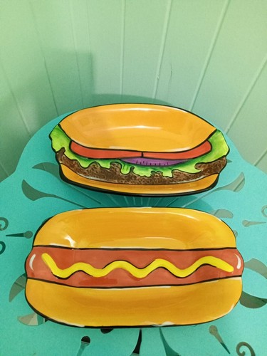 Clay Art Hamburger And Hot Dog Hand Painted Bowls Small Dish Ceramic 