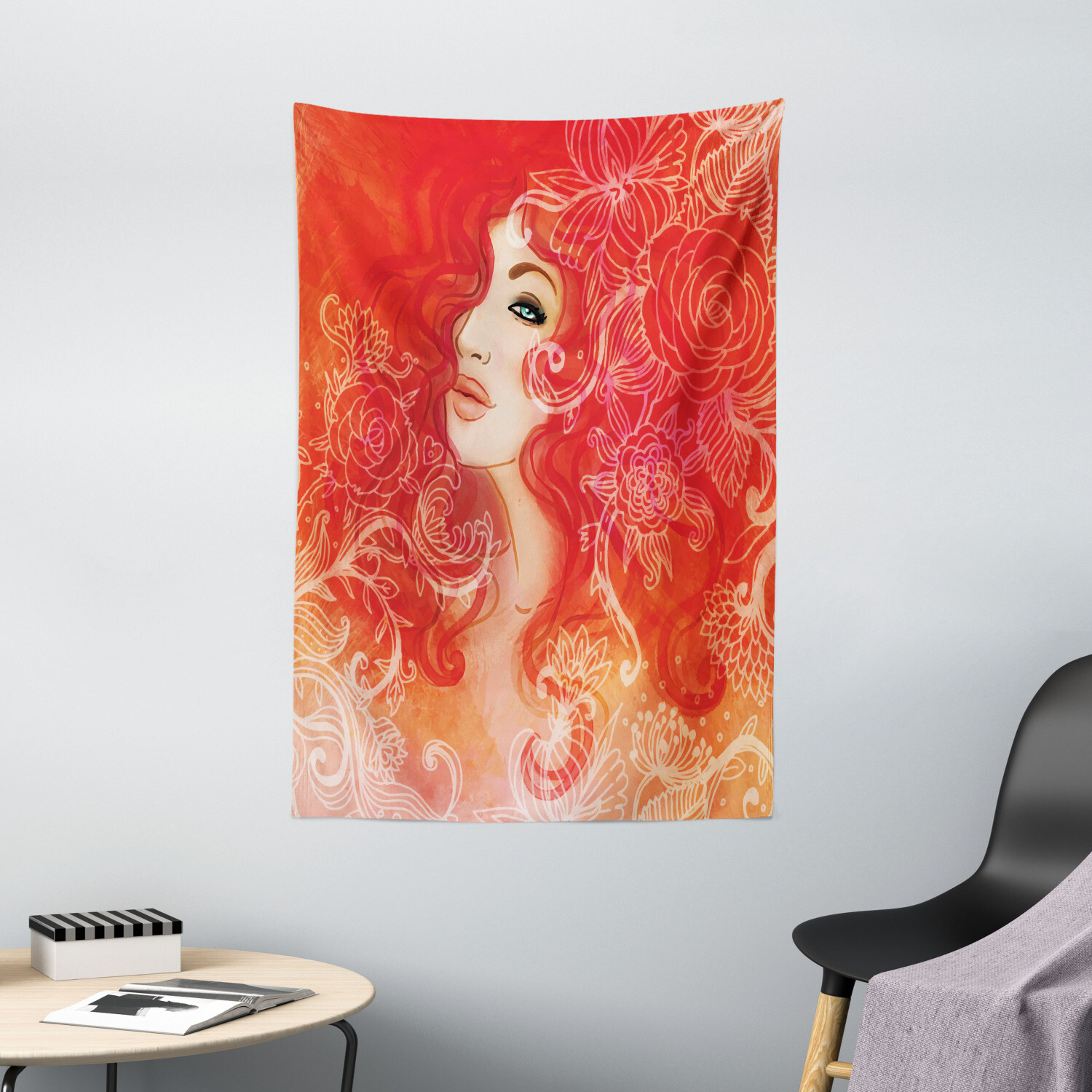 Red Tapestry Lady Hair Floral Ornament Print Wall Hanging Decor
