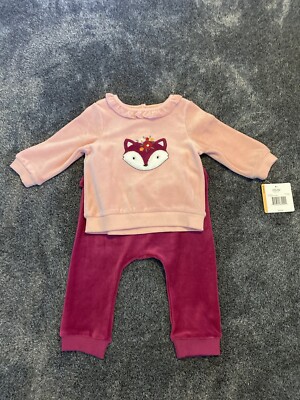 Little Me 2 Piece Outfit Baby Girl 12 Month Pink Velour Top With Fox Pants NEW