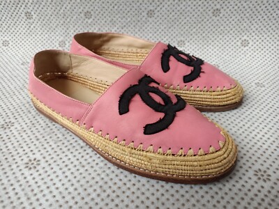 Chanel Beige Lambskin Leather CC Woven Raffia Espadrille Flats Size 37