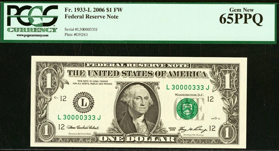 2001 $1 Federal Reserve Note PCGS 66PPQ Three Fancy Same Serial Number 30000333 - Image 4 of 4