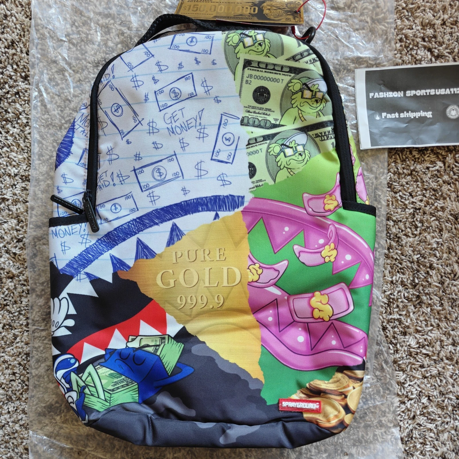 Sprayground Pure Gold Money Backpack 🎒 New Black Bookbag Large School Bag