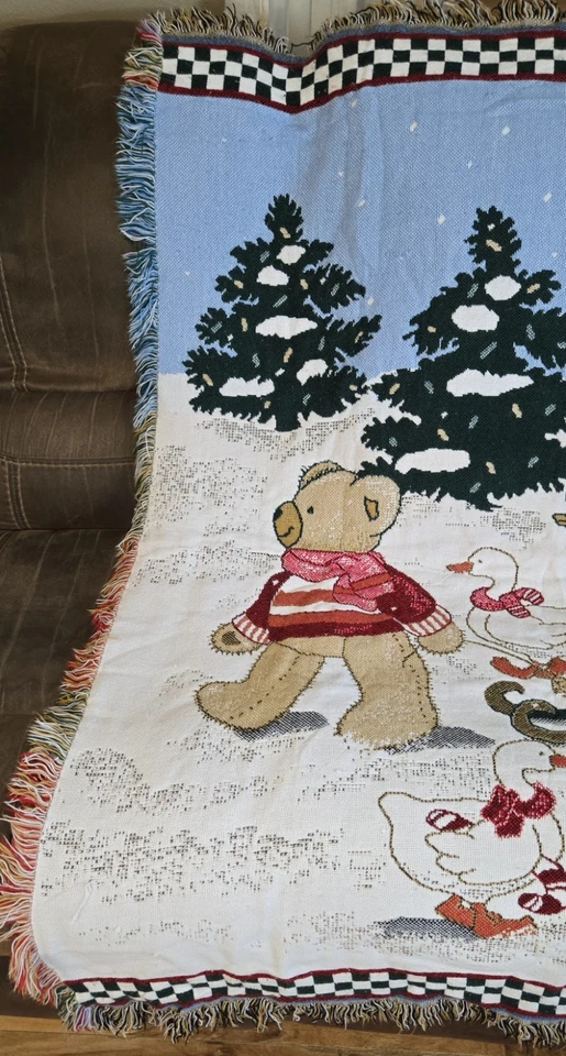 VTG Tapestry Throw Blanket Cabin Fireplace Teddy Bear & Friend w/Sleigh, Fringe - Image 4 of 4