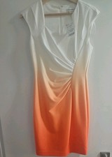 NEW Calvin Klein Dress Womens 6 White Orange Ruched Sheath Cap Sleeve